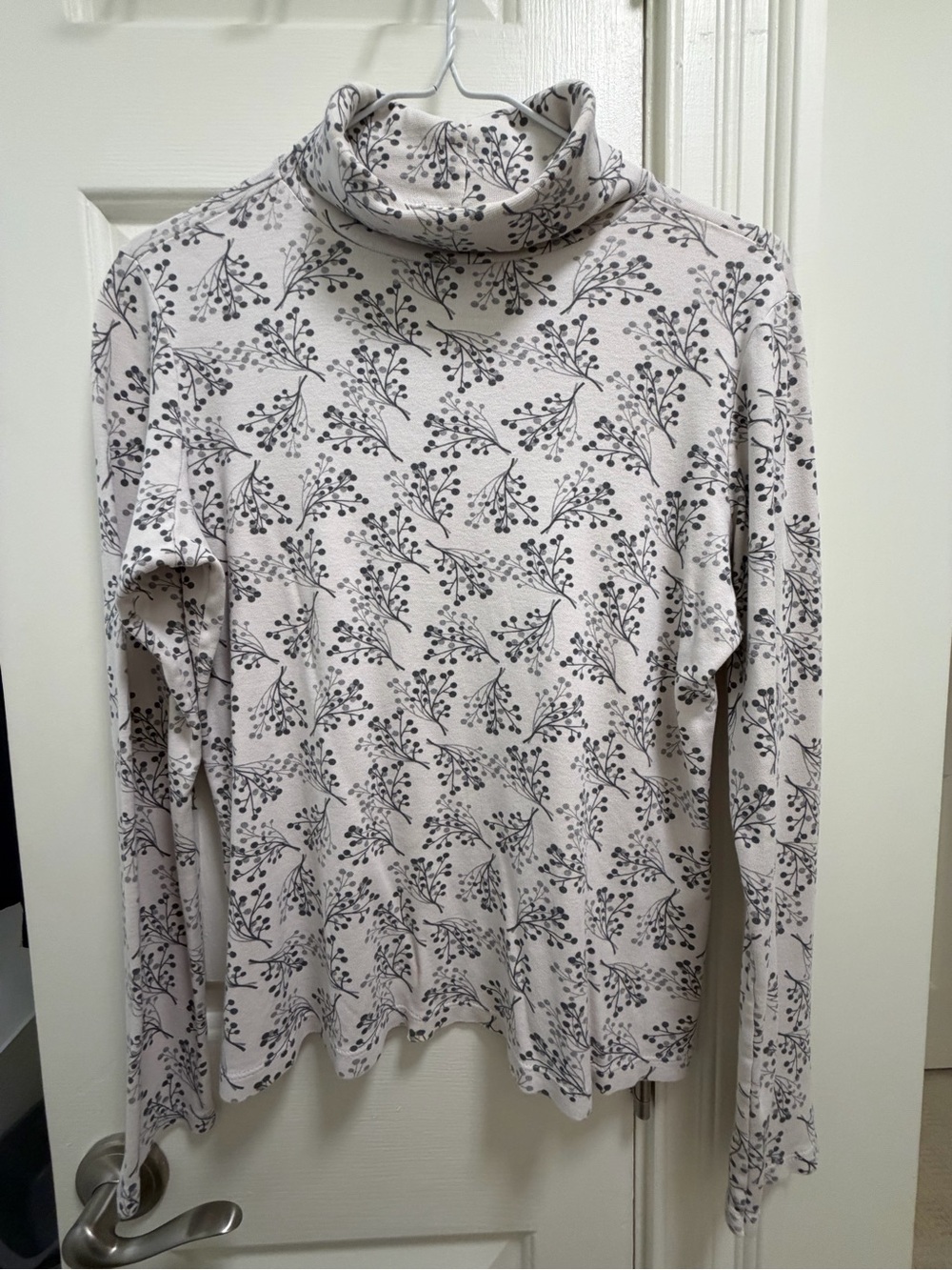 Old Navy Cream Turtleneck Long Sleeve Top with Black Floral Sprigs